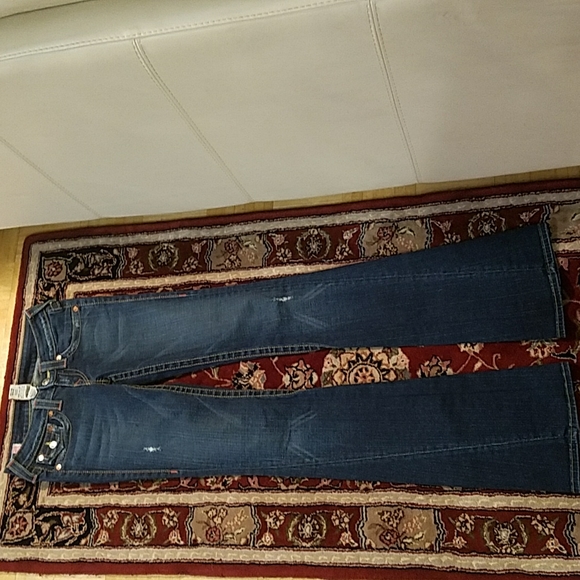 True Religion 25 Long Flap pocket Joey twist Boot Orange stitching Distressed - Picture 5 of 14